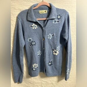 Tulchan Knit Cardigan Floral Embroidered Sheep 100% Cotton Sweater M Vtg  B9